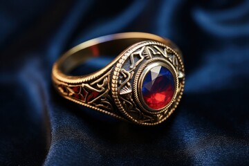 a gold ring with a red stone