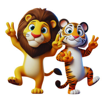 cute buddy friends lion and tiger dancing vector background