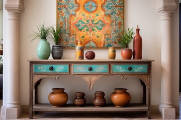 Vintage Console Tables and Mediterranean Tilework in a Unique Living Space Palette