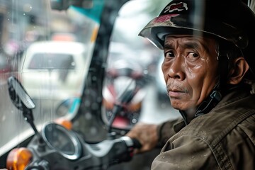 an Indonesian men working as online motorcycle taxi drivers - obrazy, fototapety, plakaty