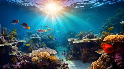 Fototapeta na wymiar Underwater panorama of the coral reef and tropical fish, underwater landscape