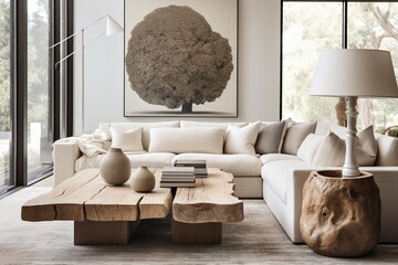 Natural Elegance: Neutral Color Palette Living Space with Wooden Stump Table and Elegant Fixtures