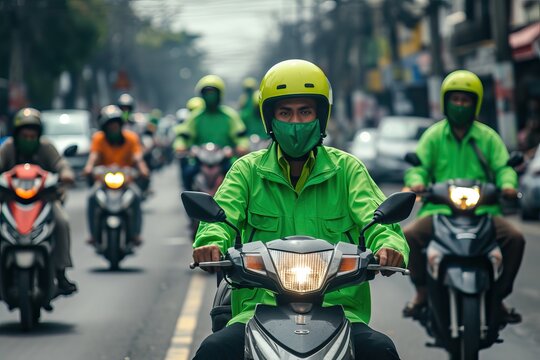 an Indonesian women working as online motorcycle taxi driver in green color safety driving clothing