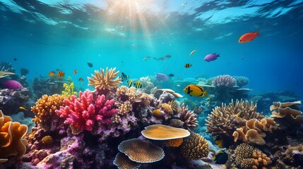 Obraz na płótnie Canvas Underwater panoramic view of coral reef and tropical fish.