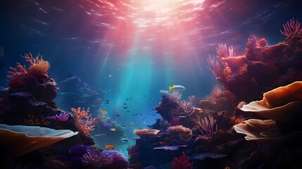 Underwater world. 3D render of a beautiful underwater world with fishes and corals.