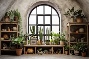 Fototapeta na wymiar Urban Oasis: Loft Apartment with Cactus and Succulent Displays by Arched Window and Stucco Wall
