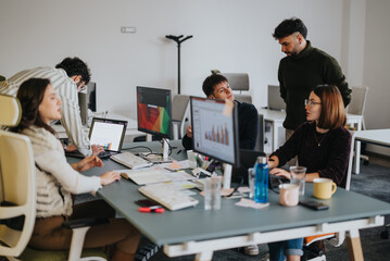 A group of young business employees collaborating in a creative office. They are discussing reports, brainstorming ideas, and strategizing for the company's profit growth and business expansion.