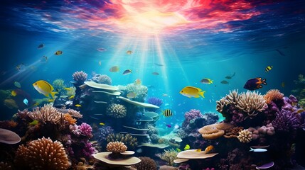 Fototapeta na wymiar Underwater panorama of beautiful coral reef with fishes and tropical fish