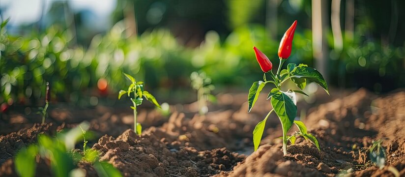 A cluster of vibrant red peppers, known as red chili peppers, growing in a sprawling field under the sun. The peppers are seen at different stages of ripeness, hanging from green plants with lush