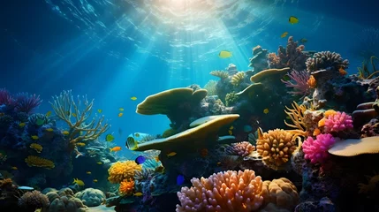 Foto auf Glas Underwater panoramic view of coral reef with tropical fish. © Iman