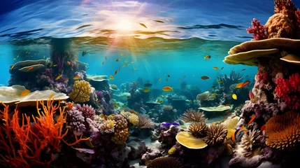 Poster Underwater panorama of coral reef with fish and sunlight. Underwater world. © Iman