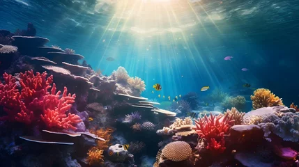 Foto auf Glas Underwater panorama of coral reef and fish. Underwater world. © Iman