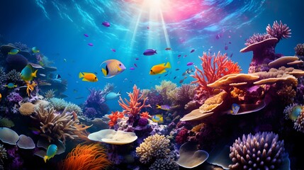 Underwater panorama of coral reef with tropical fishes and fish.