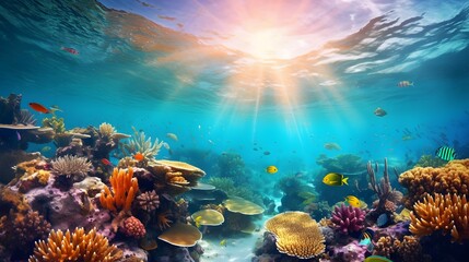 Underwater panorama of coral reef with fishes and corals at sunset - obrazy, fototapety, plakaty