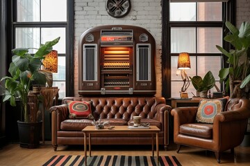 Classic Jukebox Loft Living Room: Leather Couch & Art Deco Poster Vibe