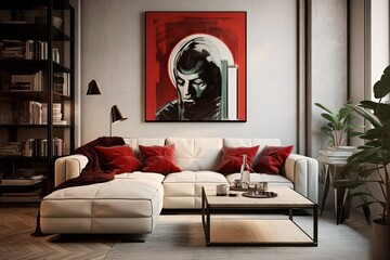 Retro Red and White Loft Living Space: Art Deco Poster and Contemporary Couch Design
