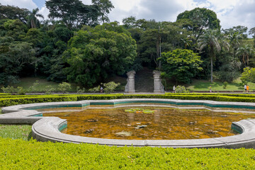 Lago artificial no Jardim Botanico em São Paulo com as ruinas ao fundo.