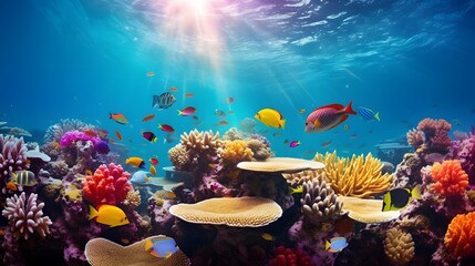 Naklejka na ściany i meble Underwater panoramic view of coral reef with tropical fish.