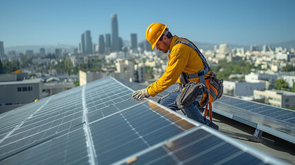 Worker installing solar panels in the city