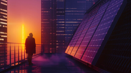 Man standing next to the solar pannel in neon lights