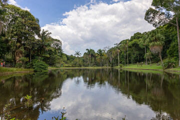 Fototapeta premium natural lake with water mirror and nature around. water mirror on a beautiful day in nature and in the open air.