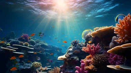 Poster Underwater panorama of coral reef and tropical fish. 3d render © Iman