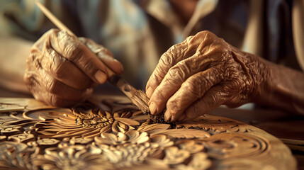 A skilled artisan's hands meticulously crafting a unique handmade item. Emphasize the precision and concentration as they work on the delicate elements.