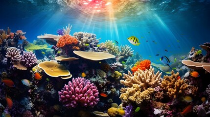 Fototapeta na wymiar Underwater panoramic view of coral reef and tropical fish.