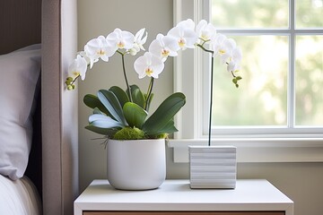 Lush Fern and Orchid in Minimalist Room: White Orchids on Wood Nightstand Display