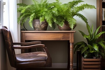 Obraz premium Lush Fern and Orchid Home Office Display on Reclaimed Wood Desk with Leather Chair