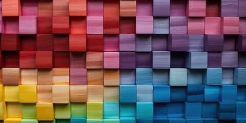 Spectrum of colorful wooden blocks aligned on a rustic old wood table. Japanese Color set. Background or cover for something creative, diverse, and in multiple variations.