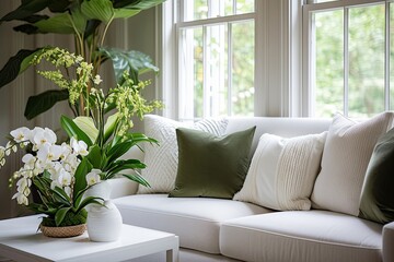 Lush Fern and Orchid Displays in Modern Living Room with Vibrant Green Ferns Next to White Sofa
