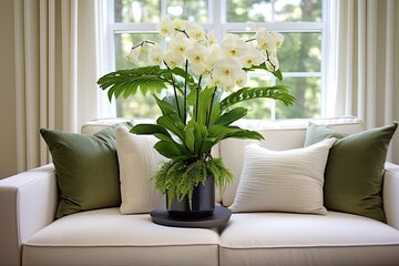 Lush Fern and Orchid Displays in Modern Living Room with Vibrant Green Ferns Beside White Sofa