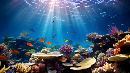 Tropical fish and coral reef underwater panoramic view.