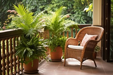 Fototapeta na wymiar Lush Fern and Orchid Balcony Oasis with Terracotta Pots and Rattan Chair