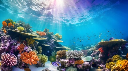 Naklejka na ściany i meble Coral reef and tropical fish. Underwater panoramic view.