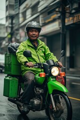 Fototapeta na wymiar an Indonesian men working as online motorcycle taxi driver in green color safety driving clothing
