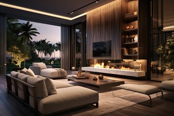 Obraz premium Voice-Activated Luxury Living: High-End Villa with Modern Tech Lighting Systems