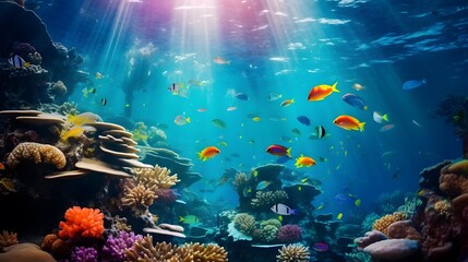 Fototapeta na wymiar Underwater view of coral reef and tropical fish. Panorama.