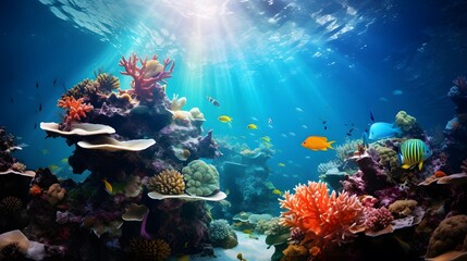 Underwater panorama of coral reef and tropical fish. Underwater world.