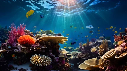 Gordijnen Underwater panorama of coral reef and tropical fish. Underwater world. © Iman