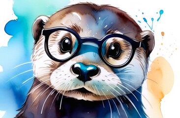 Fototapeta premium otter close up wearing glasses, watercolor illustration. concepts: children's book illustrations, educational materials, wall art, greeting cards, apparel design, advertising for glasses, education.