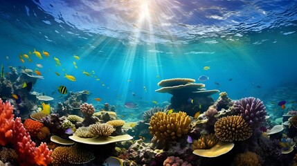 Underwater panorama of a tropical coral reef with fishes and sunlight - obrazy, fototapety, plakaty