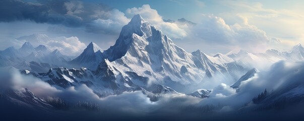 Fototapeta na wymiar Nature's ethereal canvas, a mountain summit veiled in clouds, offering a panoramic view of the wild and untamed landscape adorned with a blanket of snow