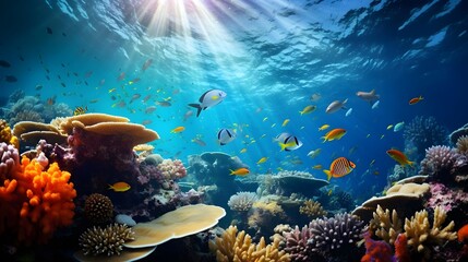 Coral reef and tropical fish. Underwater panorama of the underwater world.