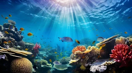 Foto auf Glas Coral reef and fish. Underwater panoramic view. © Iman