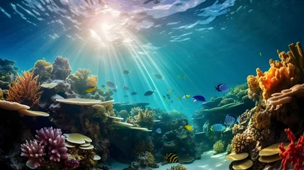 Fototapeten Underwater panorama of coral reef with fishes and rays of light © Iman