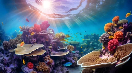 Selbstklebende Fototapeten Coral reef and tropical fish. Underwater panoramic view. © Iman