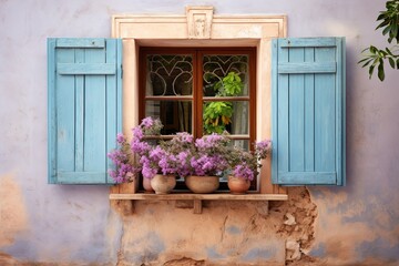 Fototapeta na wymiar Pastel Mediterranean Home Exterior: Inspiring Color Palette Ideas with Dark Wooden Window Frames