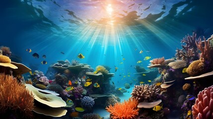 Underwater panoramic view of coral reef and tropical fish.